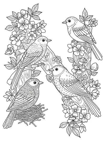 Coloring page of letter N with detailed nesting birds, twigs, and flowers in springtime.