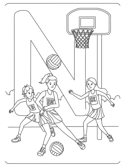 Letter N with netball players, netball hoop, and ball, designed for kids to color.