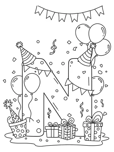 Large letter N surrounded by party hats, confetti, and balloons, New Year theme for preschoolers.