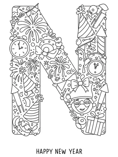 Letter N surrounded by New Year's elements like fireworks, party hats, and confetti.