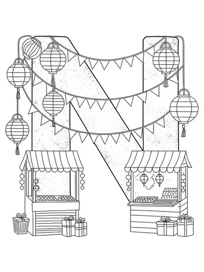Letter N surrounded by lanterns and simple food stalls in a night market setting.