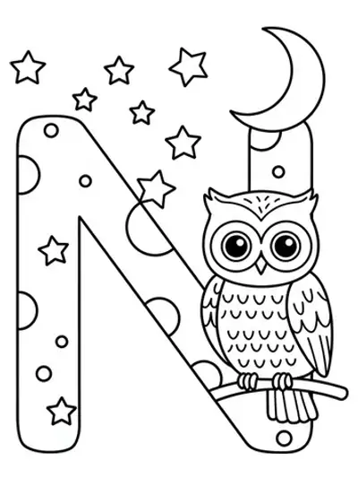 Letter N with a simple owl, crescent moon, and stars in a night scene.