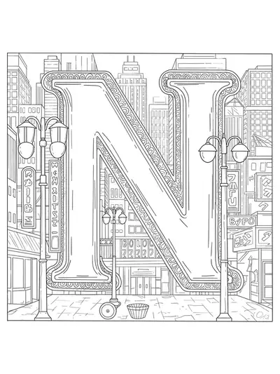 Letter N outlined by city buildings, neon signs, and street lamps in detailed urban line art.