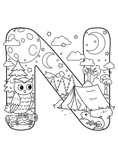 Letter N with a camping scene at night, including a tent, moon, and nocturnal animals.