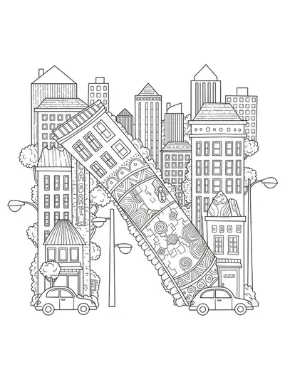Intricate coloring page of letter N in a cityscape with patterned buildings, streetlights, and cars.