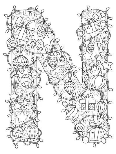 Detailed coloring page with letter N decorated by holiday lights, ornaments, and stars, all with intricate patterns.