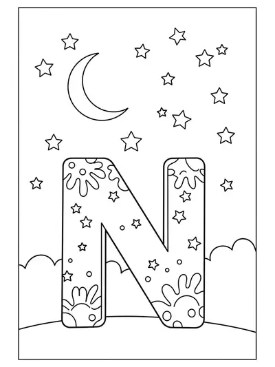 Letter N under a night sky with a crescent moon and stars for coloring