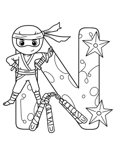 Letter N with a cartoon ninja, nunchucks, and shuriken, designed for children to color.