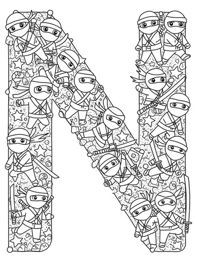 Coloring page with letter N designed as a maze, with detailed ninja characters, stars, and swords.