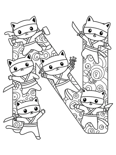 Letter N with fantasy ninja cats in action poses and fun accessories, for kids to color.