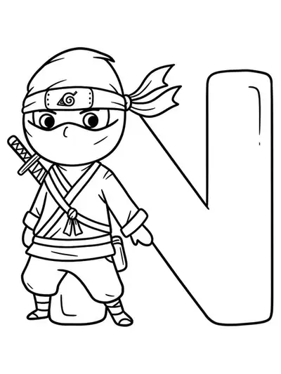 Large letter N with a cute cartoon ninja character for coloring