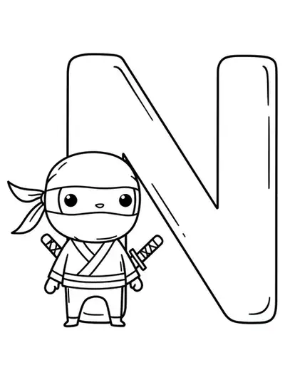Big letter N with a smiling ninja character in a playful pose, medium detail for preschoolers.
