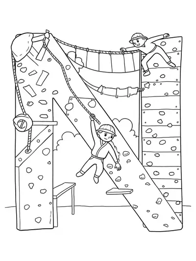 Intricate letter N with ninja obstacle course equipment such as ropes, walls, and platforms for coloring