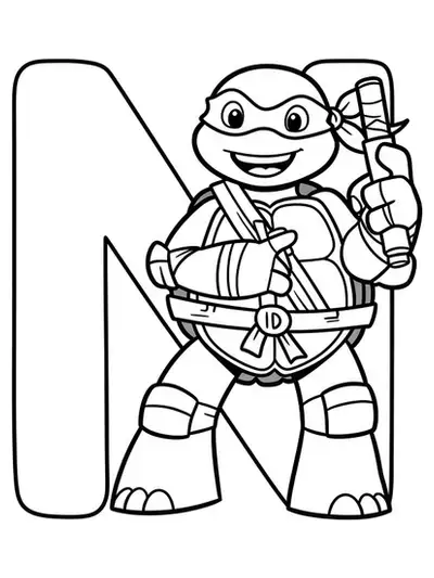 Big letter N with a cheerful cartoon ninja turtle for coloring