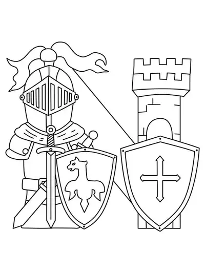 Letter N with a knight’s helmet, sword, shield, and a simple castle turret outline.