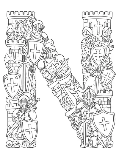 Letter N with knight helmets, shields, swords, and castle elements in detailed line art.