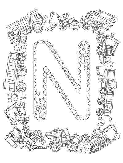 Detailed coloring page of letter N with construction vehicles like dump trucks and cranes with intricate patterns.