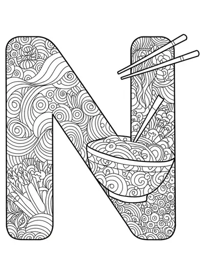Letter N with noodles, chopsticks, vegetables, and soup bowl in intricate line art.