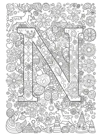 Letter N with snowflakes, reindeer, and Nordic geometric patterns in detailed line art.