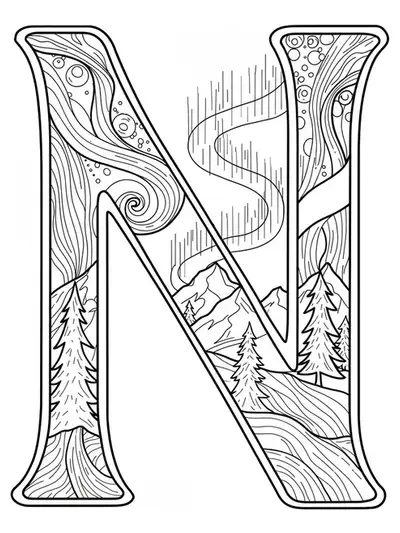 Letter N with flowing northern lights, mountains, and pine trees in stylized line art.