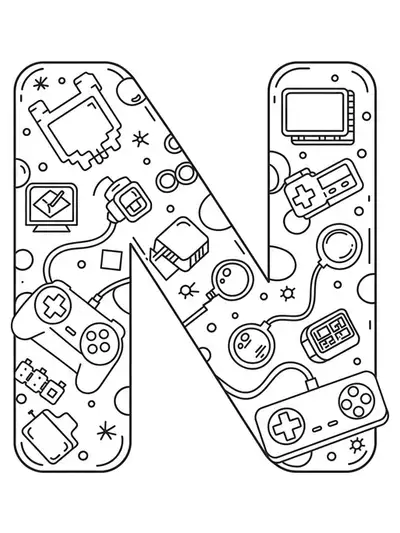 Letter N with pixel art icons and a simple vintage game controller.