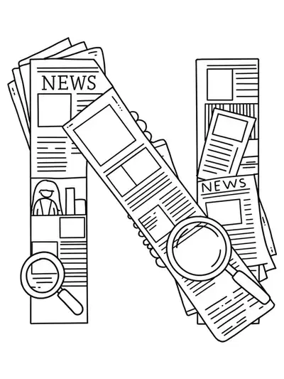 Letter N with simple newspaper columns, headlines, and icons like a magnifying glass.