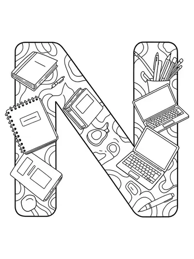 Letter N with outlined books, notebooks, pencils, and a laptop in a simple setup.