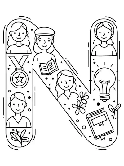 Letter N with outline icons of a medal, lightbulb, and book symbolizing notable women.
