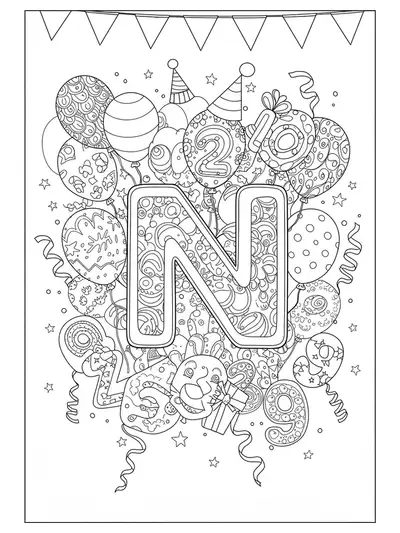 Coloring page with letter N, patterned balloons, streamers, and detailed numbers for a celebration theme.