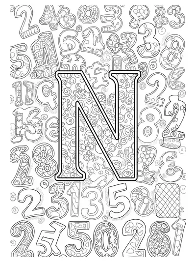 Letter N surrounded by numerals in different styles and decorative number patterns.