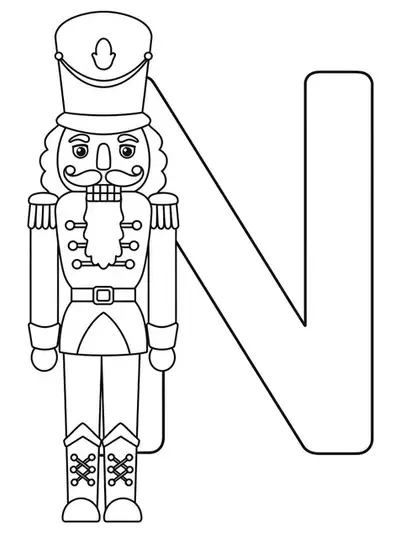 Letter N with a classic nutcracker figure for coloring