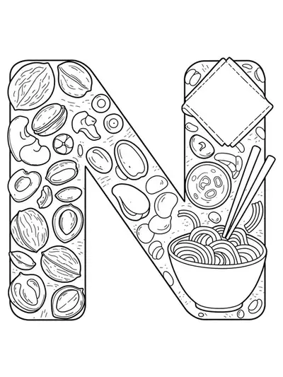 Letter N with nuts, noodles, and a napkin for coloring