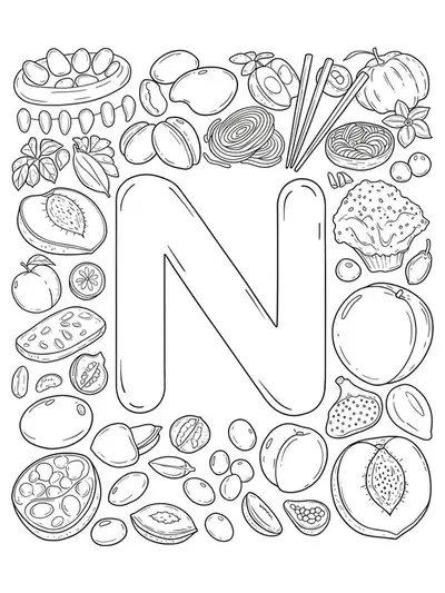 Intricate coloring page with letter N surrounded by patterned nuts, noodles, nectarines and healthy food.