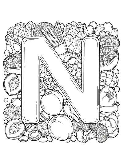 Letter N surrounded by nutritious foods like nuts, nectarines, and noodles, for children to color.