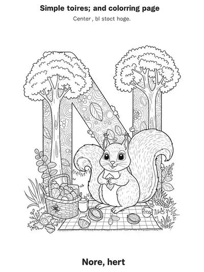 Intricate coloring page with letter N, a squirrel with nuts, patterned picnic blanket, and detailed trees.