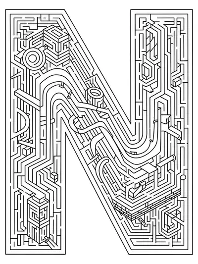 Letter N filled with an intricate optical illusion maze and mind-bending geometric shapes.