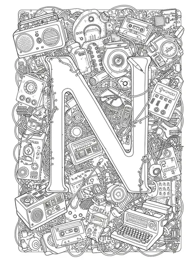 Letter N integrated with intricate illustrations of vintage radios, cassette tapes, typewriters, and circuit boards.