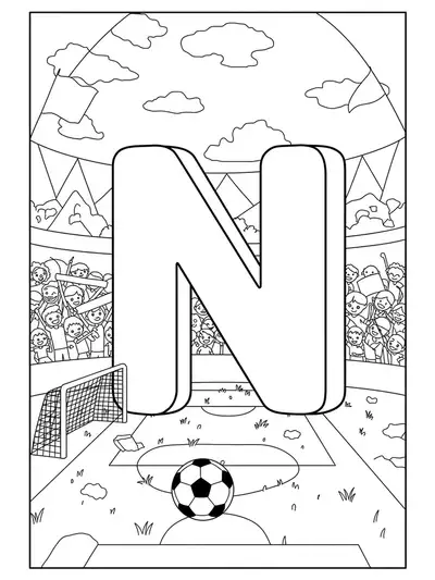 Large letter N with a soccer ball, goal post, and cheering fans, medium detail for preschool coloring.