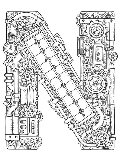 Letter N decorated with detailed steampunk gears, pipes, cogs, and mechanical Victorian elements.
