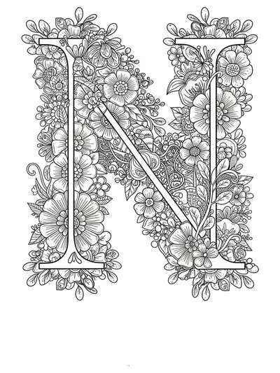 Letter N encircled by intricate botanical mandala patterns with detailed leaves and flowers.
