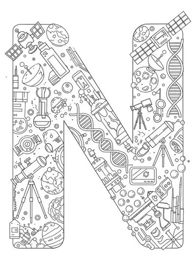 Letter N surrounded by detailed science and space tech icons, including satellites, DNA, and telescopes.
