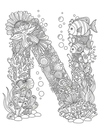 Complex letter N surrounded by detailed underwater sea life, corals, and ocean patterns for coloring