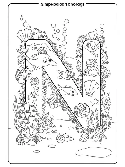 Detailed coloring page showing letter N among underwater animals, coral, and shells, all with fine intricate patterns.