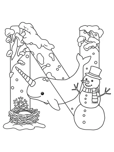 Letter N in a snowy scene with a narwhal, nest in a tree, and snowman, designed for kids.