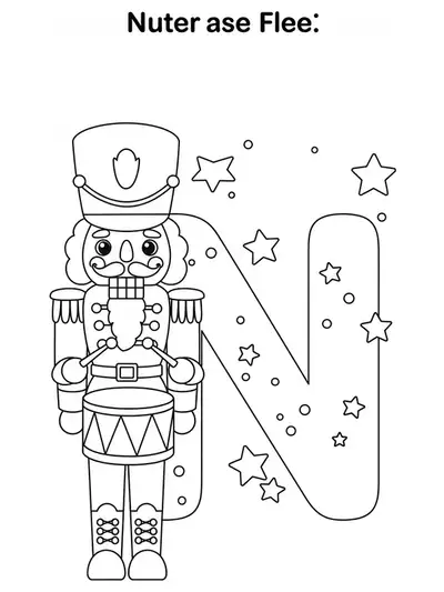 Letter N with a friendly nutcracker holding a drum, surrounded by stars for coloring.