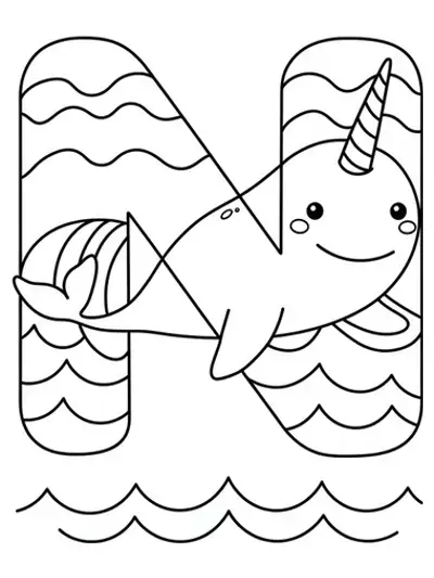 Large letter N with a smiling narwhal swimming beside it, with some simple waves.