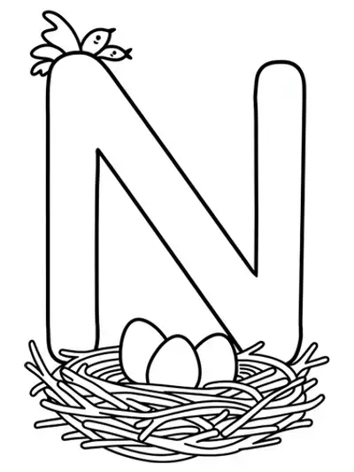 Large letter N with a simple nest holding three eggs beside it.