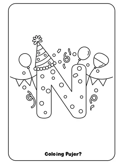 Big letter N wearing a party hat with confetti and streamers around.