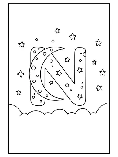 Large letter N with a crescent moon and several five-pointed stars around it.