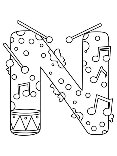 Big letter N with a drum and drumsticks, with musical notes floating around.